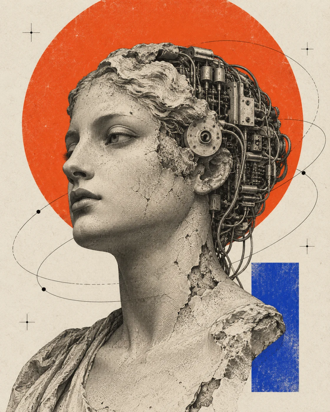 An engraved classical figure with exposed mechanical circuitry, against a vermilion sun and a cobalt paper fragment.